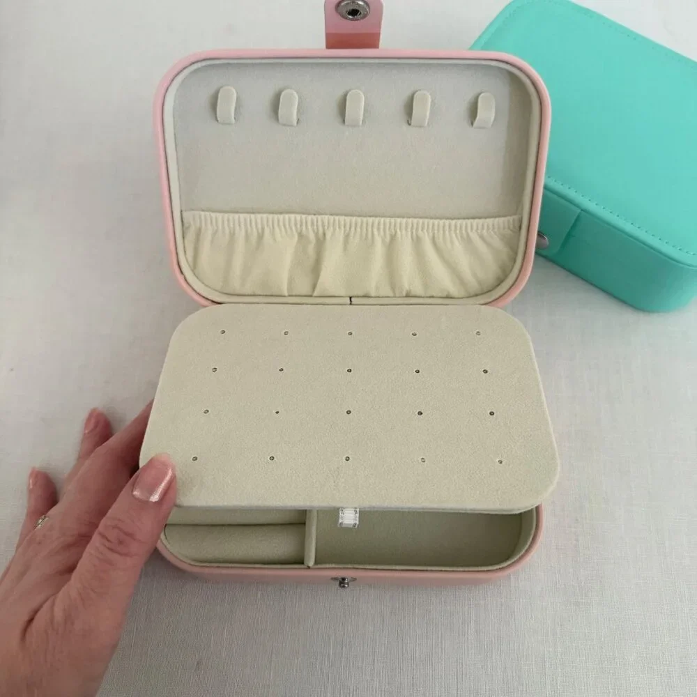 Pink Travel Jewelry Box Organizer for Rings Earrings Necklaces Multiple Compartm